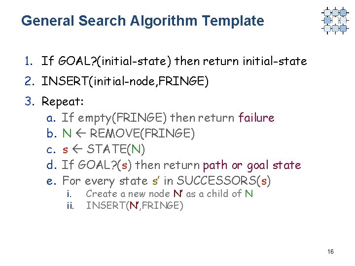 General Search Algorithm Template 1. If GOAL? (initial-state) then return initial-state 2. INSERT(initial-node, FRINGE)