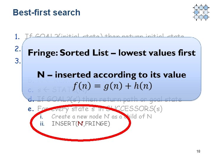 Best-first search 1. If GOAL? (initial-state) then return initial-state 2. INSERT(initial-node, FRINGE) 3. Repeat: