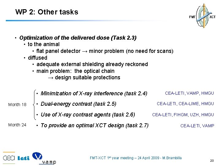 WP 2: Other tasks • Optimization of the delivered dose (Task 2. 3) •