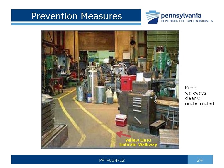 Prevention Measures Keep walkways clear & unobstructed Yellow Lines Indicate Walkway PPT-034 -02 24