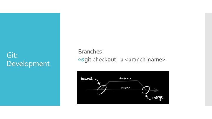 Git: Development Branches git checkout –b <branch-name> 