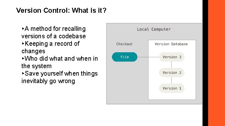 Version Control: What is it? ▸A method for recalling versions of a codebase ▸Keeping