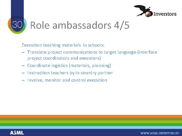 Role ambassadors 4/5 Execution teaching materials in schools: – Translate project communications to target