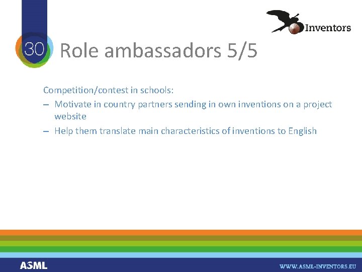 Role ambassadors 5/5 Competition/contest in schools: – Motivate in country partners sending in own