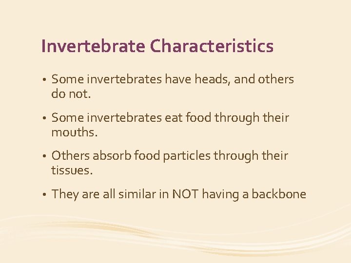 Invertebrate Characteristics • Some invertebrates have heads, and others do not. • Some invertebrates