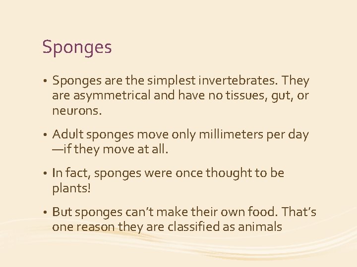 Sponges • Sponges are the simplest invertebrates. They are asymmetrical and have no tissues,