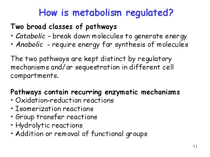 How is metabolism regulated? Two broad classes of pathways • Catabolic – break down