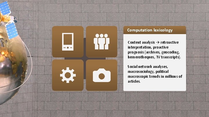 Computation lexicology Content analysis → retroactive interpretation, proactive prognosis (archives, geocoding, hemerotheques, TV transcripts).