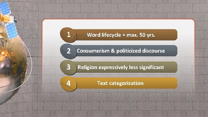 1 Word lifecycle = max. 50 yrs. 2 Consumerism & politicized discourse 3 Religion