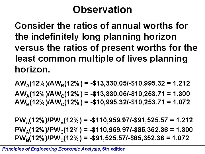Observation Consider the ratios of annual worths for the indefinitely long planning horizon versus
