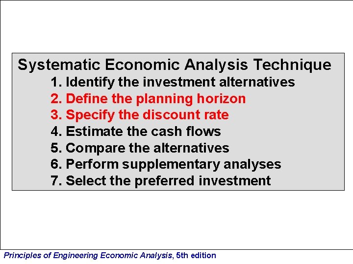 Systematic Economic Analysis Technique 1. Identify the investment alternatives 2. Define the planning horizon