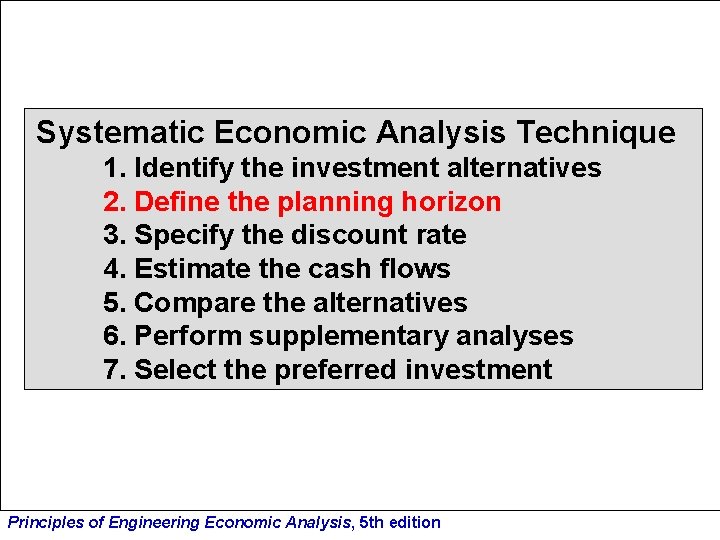 Systematic Economic Analysis Technique 1. Identify the investment alternatives 2. Define the planning horizon