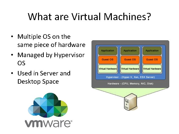 What are Virtual Machines? • Multiple OS on the same piece of hardware •