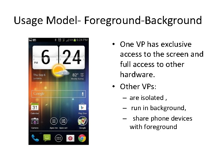 Usage Model- Foreground-Background • One VP has exclusive access to the screen and full