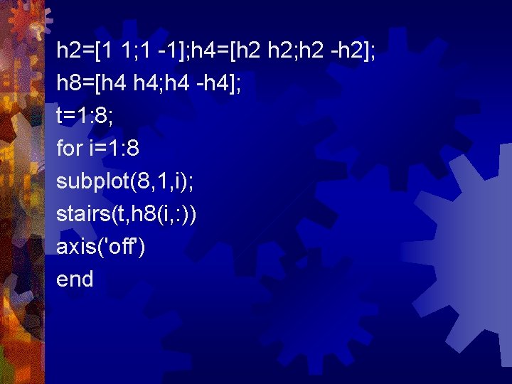 h 2=[1 1; 1 -1]; h 4=[h 2 h 2; h 2 -h 2];