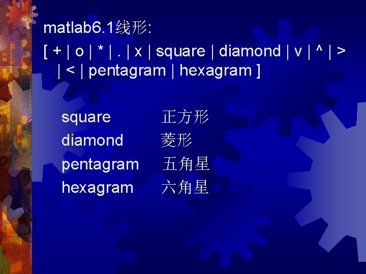 matlab 6. 1线形: [ + | o | * |. | x | square