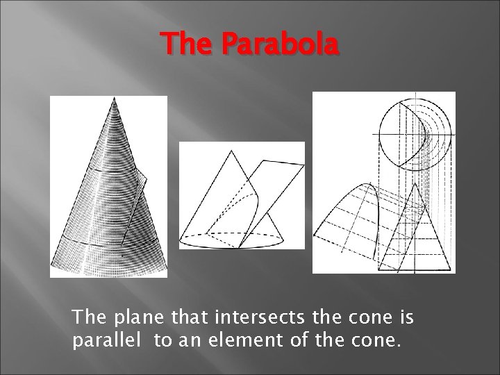 The Parabola The plane that intersects the cone is parallel to an element of