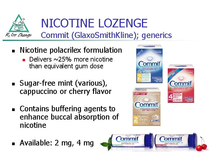 NICOTINE LOZENGE Commit (Glaxo. Smith. Kline); generics n Nicotine polacrilex formulation n n Delivers