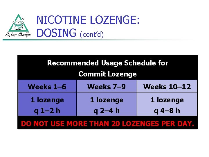 NICOTINE LOZENGE: DOSING (cont’d) Recommended Usage Schedule for Commit Lozenge Weeks 1– 6 Weeks