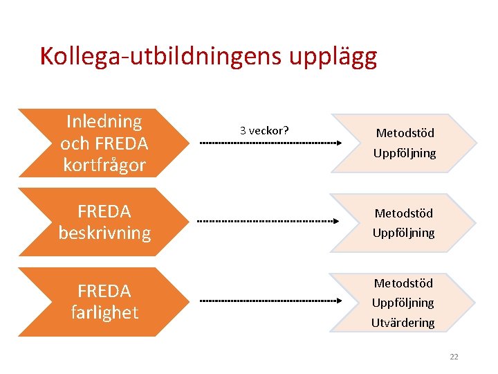 Kollega-utbildningens upplägg Inledning och FREDA kortfrågor FREDA beskrivning FREDA farlighet 3 veckor? Metodstöd Uppföljning