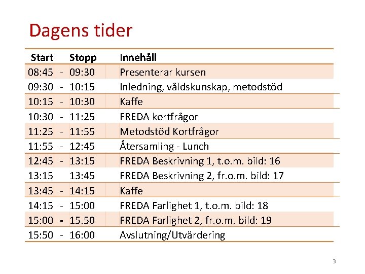 Dagens tider Start 08: 45 09: 30 10: 15 10: 30 11: 25 11: