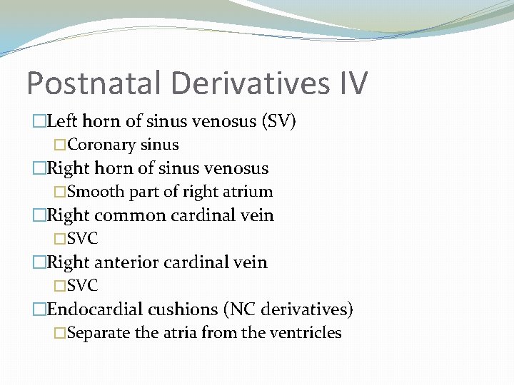 Postnatal Derivatives IV �Left horn of sinus venosus (SV) �Coronary sinus �Right horn of