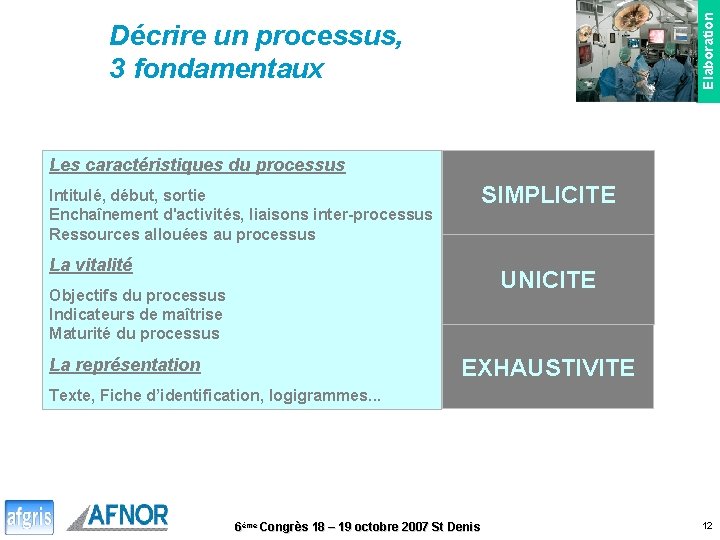 Elaboration Décrire un processus, 3 fondamentaux Les caractéristiques du processus SIMPLICITE Intitulé, début, sortie