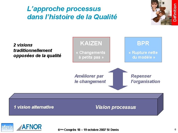 Définition L’approche processus dans l’histoire de la Qualité 2 visions traditionnellement opposées de la