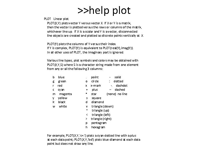 >>help plot PLOT Linear plot. PLOT(X, Y) plots vector Y versus vector X. If
