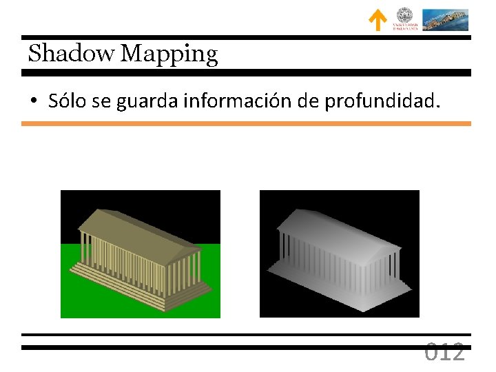 Shadow Mapping • Sólo se guarda información de profundidad. 012 