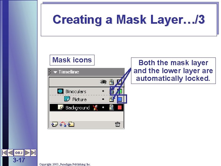 Creating a Mask Layer…/3 Mask icons OBJ 3 -17 Copyright 2003, Paradigm Publishing Inc.