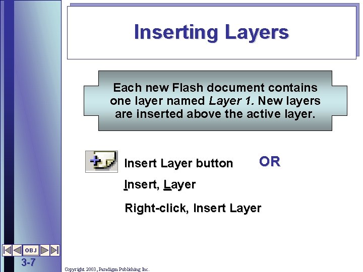 Inserting Layers Each new Flash document contains one layer named Layer 1. New layers