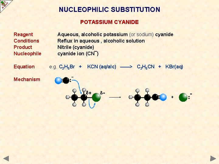 NUCLEOPHILIC SUBSTITUTION POTASSIUM CYANIDE Reagent Conditions Product Nucleophile Equation Mechanism Aqueous, alcoholic potassium (or NUCLEOPHILIC SUBSTITUTION POTASSIUM CYANIDE Reagent Conditions Product Nucleophile Equation Mechanism Aqueous, alcoholic potassium (or