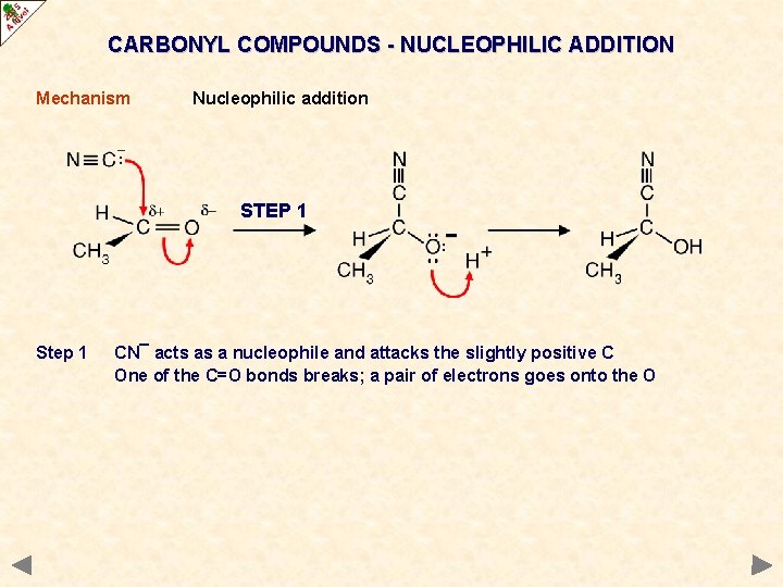 CARBONYL COMPOUNDS - NUCLEOPHILIC ADDITION Mechanism Nucleophilic addition STEP 1 Step 1 CN¯ acts CARBONYL COMPOUNDS - NUCLEOPHILIC ADDITION Mechanism Nucleophilic addition STEP 1 Step 1 CN¯ acts