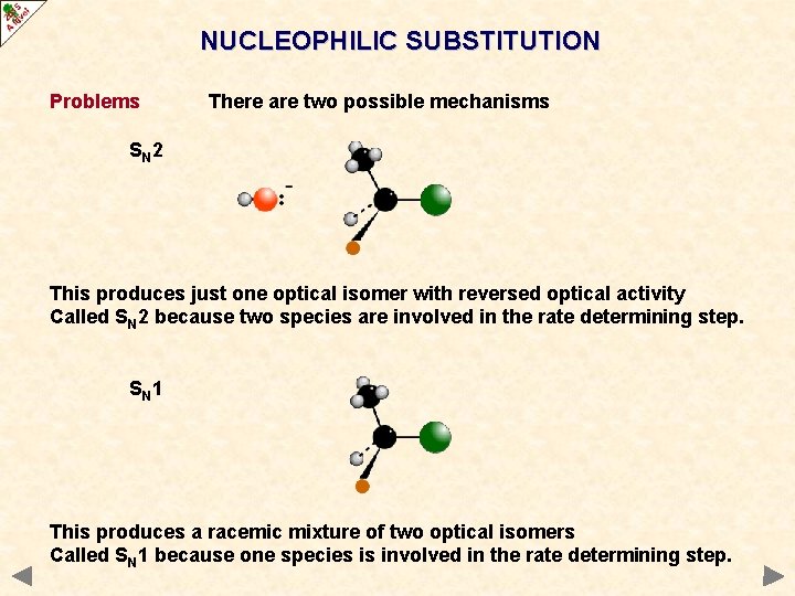 NUCLEOPHILIC SUBSTITUTION Problems There are two possible mechanisms SN 2 This produces just one NUCLEOPHILIC SUBSTITUTION Problems There are two possible mechanisms SN 2 This produces just one