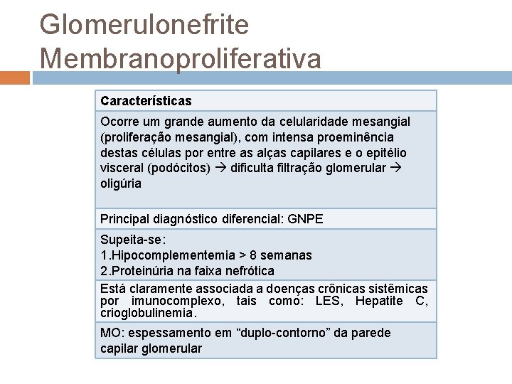 Glomerulonefrite Membranoproliferativa Características Ocorre um grande aumento da celularidade mesangial (proliferação mesangial), com intensa