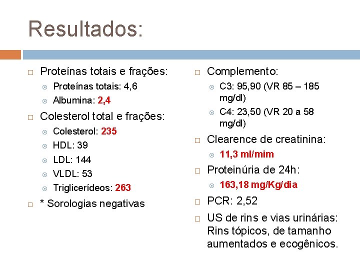 Resultados: Proteínas totais e frações: Proteínas totais: 4, 6 Albumina: 2, 4 Colesterol: 235