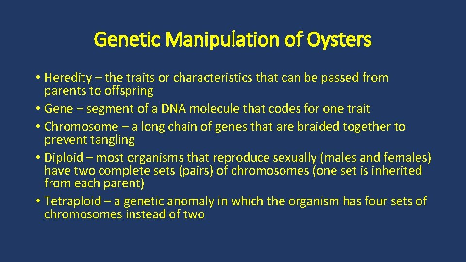 Genetic Manipulation of Oysters • Heredity – the traits or characteristics that can be