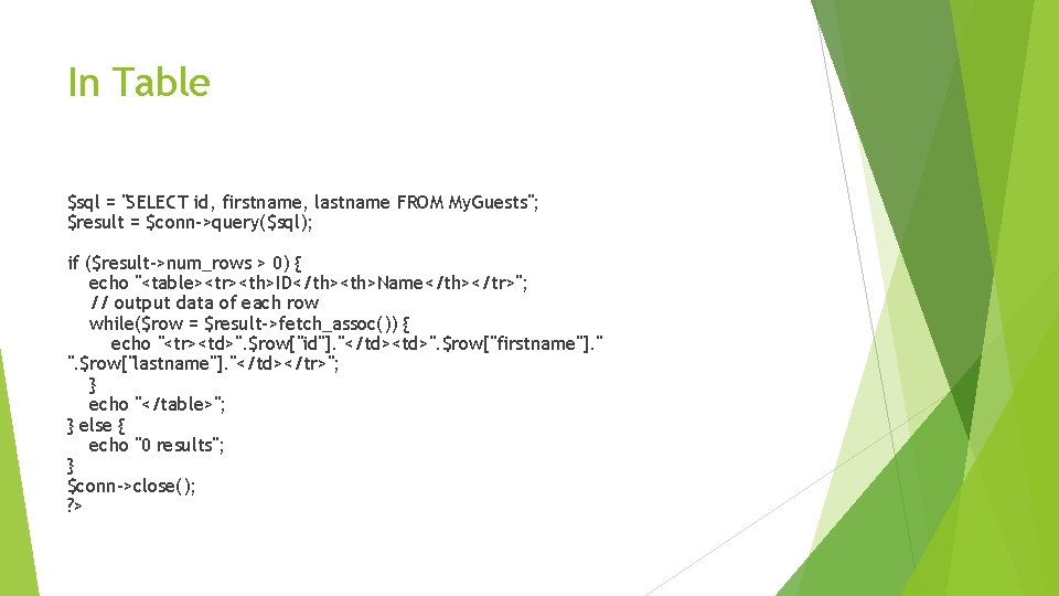 In Table $sql = "SELECT id, firstname, lastname FROM My. Guests"; $result = $conn->query($sql);