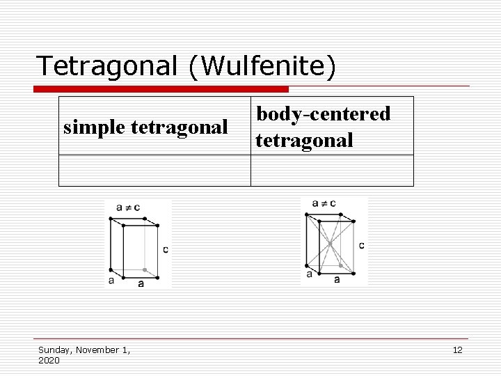 Tetragonal (Wulfenite) simple tetragonal Sunday, November 1, 2020 body-centered tetragonal 12 