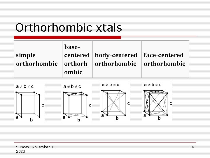 Orthorhombic xtals basesimple centered body-centered face-centered orthorhombic Sunday, November 1, 2020 14 