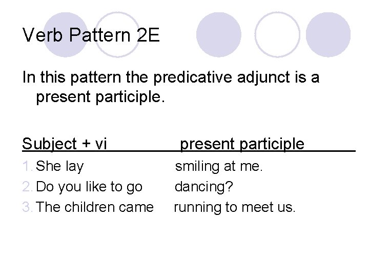 Verb Pattern 2 E In this pattern the predicative adjunct is a present participle.