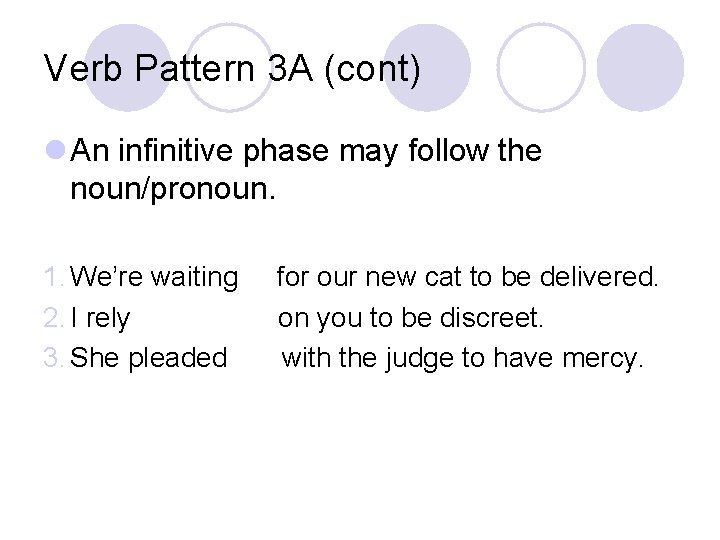 Verb Pattern 3 A (cont) l An infinitive phase may follow the noun/pronoun. 1.