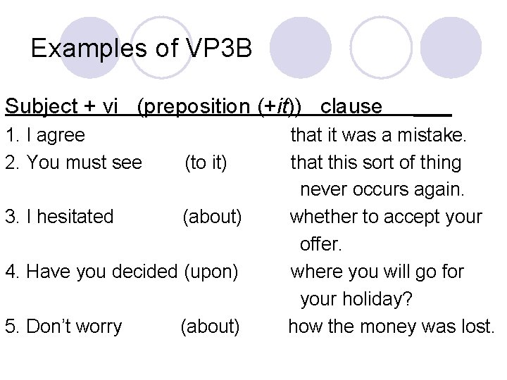 Examples of VP 3 B Subject + vi (preposition (+it)) clause 1. I agree