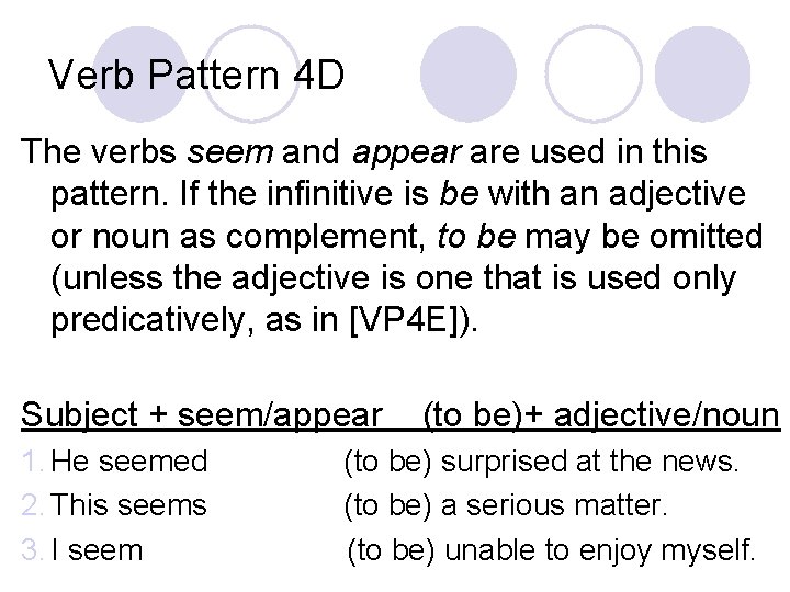 Verb Pattern 4 D The verbs seem and appear are used in this pattern.