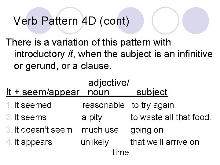 Verb Pattern 4 D (cont) There is a variation of this pattern with introductory