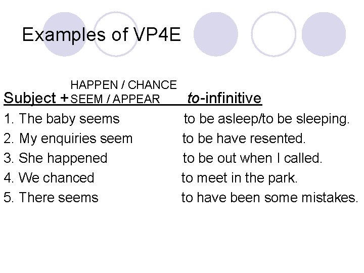 Examples of VP 4 E Subject HAPPEN / CHANCE + SEEM / APPEAR 1.