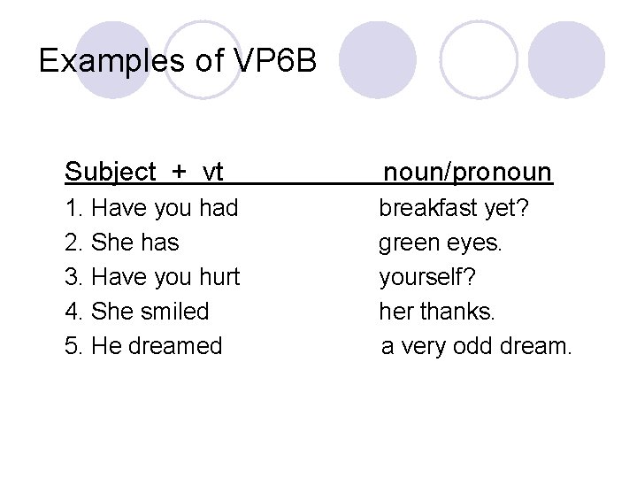 Examples of VP 6 B Subject + vt noun/pronoun 1. Have you had 2.
