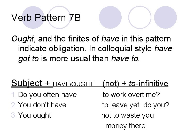 Verb Pattern 7 B Ought, and the finites of have in this pattern indicate