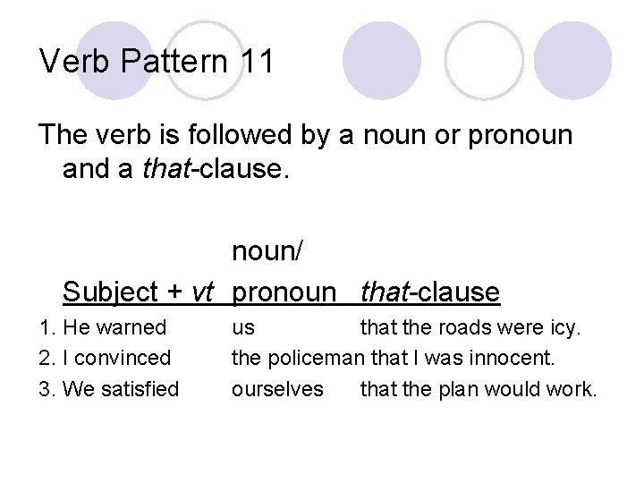 Verb Pattern 11 The verb is followed by a noun or pronoun and a